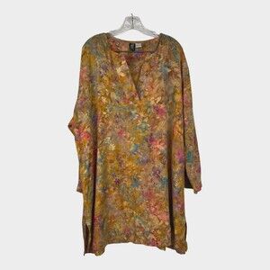 M.I.B. Women's Blouse Size 1X Floral Print 3/4 Sleeve Mustard Color 100% Rayon